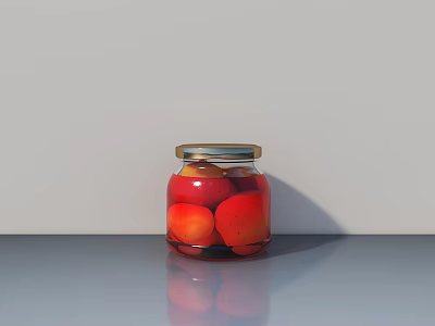 Decorative Ornament Set Featuring Glass Jar With Golden Lid And Red Fruits On Gray Countertop 3d model