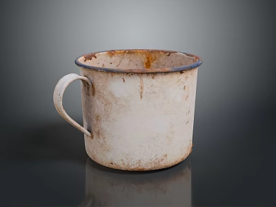 Vintage White Enamel Mug With Black Rim And Worn Rusty Surface 3d model