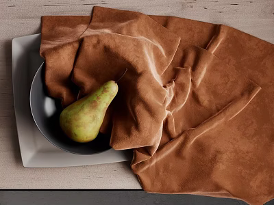 Green Pear in Black Bowl on Light Gray Tray with Brown Fabric on Wooden Tabletop 3d model Green Pear in Black Bowl on Light Gray Tray with Brown Fabric on Wooden Tabletop 3d model