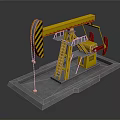 Yellow Oil Pump Jack Model With Concrete Platform Black Yellow Warning Stripes And Red Components