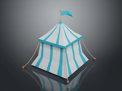 Blue And White Striped Tent Furniture With Flag On Top And Ropes At Bottom 3d model