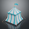 Blue And White Striped Tent Furniture With Flag On Top And Ropes At Bottom