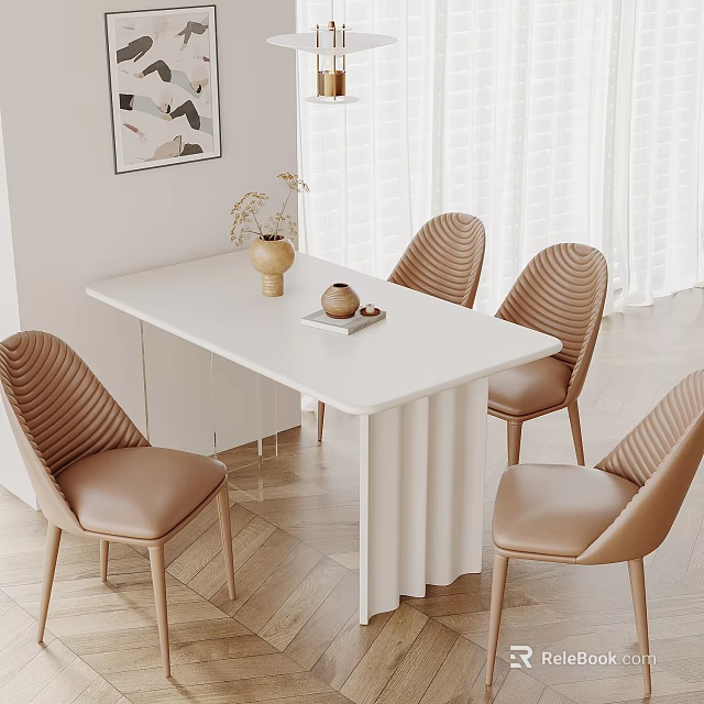 Modern Minimalist Dining Table Set With White Top Four Beige Curved Back Chairs And Decorative Vase 3d model 