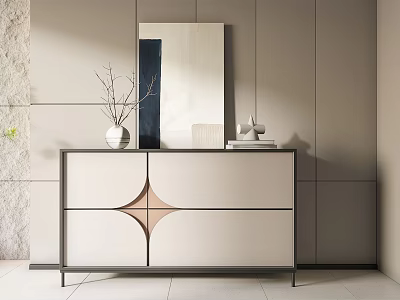 Modern Entryway Console Cabinet with White Geometric Panel Doors Vase Mirror and Branch Decor 3d model