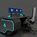 Futuristic Table And Chair Set With Blue LED Lights And Multiple Monitors