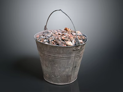 Vintage Rusty Metal Bucket Filled With Coal Ashes On Dark Background 3d model