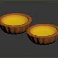 Two Fresh Baked Egg Tarts With Golden Yellow Filling And Orange Fluted Crust
