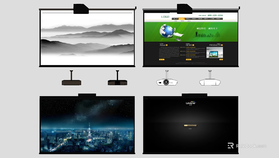 Projection Monitoring System with Multiple Screens Displaying Scenery City Night View and Web Interface 3d model 
