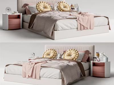 Soft Pink Kids Bed With Padded Headboard Yellow Round Pillows And Side Nightstand 3d model