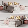 Soft Pink Kids Bed With Padded Headboard Yellow Round Pillows And Side Nightstand