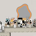 Perfume and Cosmetics On Vanity Table With Decorative Mirror And Various Beauty Products