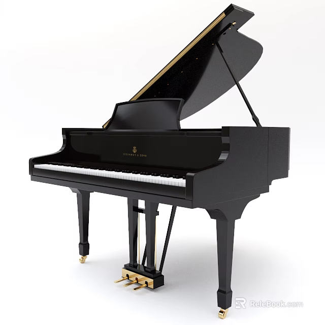 Beautiful Black Grand Piano With Elegant Design And Gold Accents On Wooden Legs 3d model 
