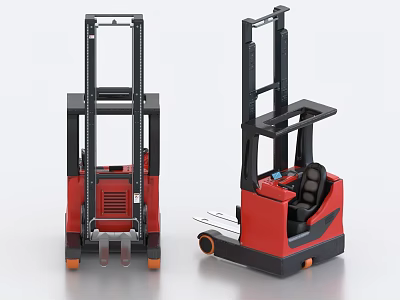 Two Red Industrial Forklift Trucks With Lifting Mechanism Front And Side View 3d model