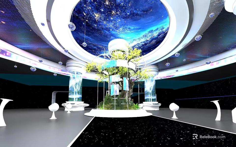 Starry Sky Dome Interior Design With Central Green Plant Platform And White Pillars 3d model 