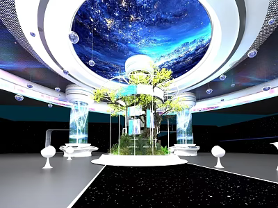 Starry Sky Dome Interior Design With Central Green Plant Platform And White Pillars 3d model