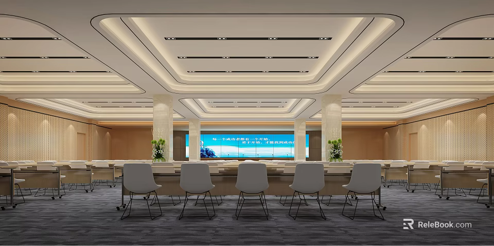 Modern Conference Room Interior Design With Large Screen Seating And Decorative Plants 3d model