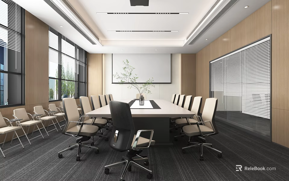 Modern Conference Room Interior Design With Long Table Chairs Projection Screen And Windows 3d model