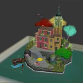 Vibrant Cartoon Scene of Small Island with Colorful Buildings Bell Tower Trees and Boat