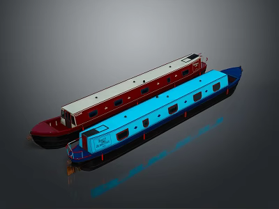 Two Red And Blue Narrowboats With Windows On Calm Water Surface 3d model