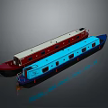 Two Red And Blue Narrowboats With Windows On Calm Water Surface