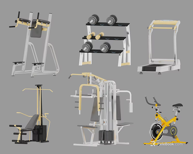 Essential Sports Equipment Collection Featuring Weight Bench Dumbbells Treadmill And Exercise Bike 3d model 