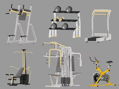 Essential Sports Equipment Collection Featuring Weight Bench Dumbbells Treadmill And Exercise Bike 3d model
