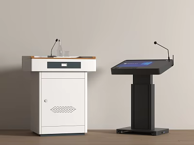Modern White And Black Podiums With Wooden Top Cabinet Digital Screen And Microphone 3d model