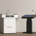 Modern White And Black Podiums With Wooden Top Cabinet Digital Screen And Microphone