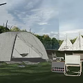 Gray Canvas Tent in Outdoor Camping Area with Autumn Trees White Tipis and Folding Chairs
