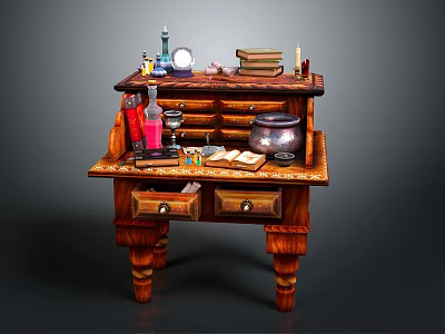Vintage Wooden Desk With Stack of Books Table Lamp Metal Jar and Decorative Items 3d model