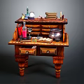Vintage Wooden Desk With Stack of Books Table Lamp Metal Jar and Decorative Items