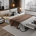 Double Bed Bedroom Interior With Nightstand Table Lamp Window View And Decorative Pillows 3d model