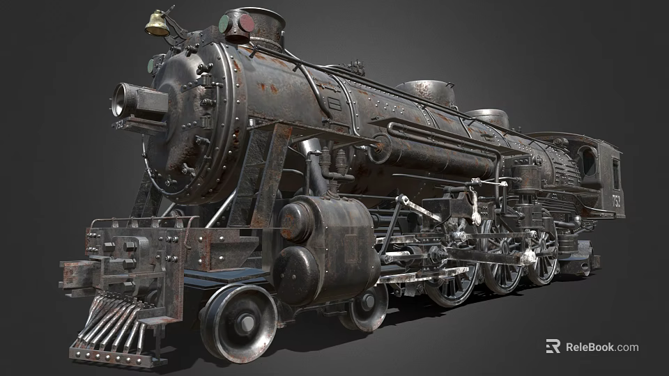 Vintage Steam Train With Rusty Metal Body Large Wheels And Brass Bell 3d model 
