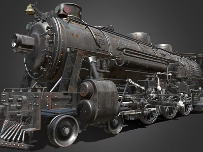 Vintage Steam Train With Rusty Metal Body Large Wheels And Brass Bell 3d model Vintage Steam Train With Rusty Metal Body Large Wheels And Brass Bell 3d model