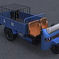 Blue Three Wheel Motorcycle With Open Cargo Bed Railings Headlights And Driver Seat