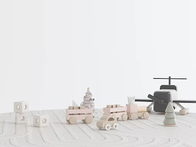 Cute Wooden Doll With Toy Plane Truck Blocks And Christmas Tree On White Wooden Floor 3d model