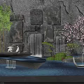 Serene Garden Ornament With Stone Wall Waterfalls Green Trees White Flowering Tree And Black Basin