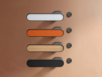 Four Modern Door Handles in White Orange Wood Grain and Black on Brown Background 3d model