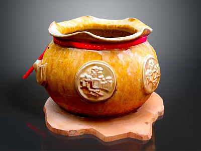 Traditional Yellow Brown Ceramic Jar With Decorative Carvings Red String And Wooden Base 3d model