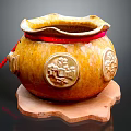 Traditional Yellow Brown Ceramic Jar With Decorative Carvings Red String And Wooden Base