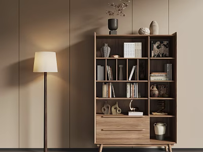 Modern Wooden Bookcase With Shelves Books And Decorative Items Near Floor Lamp 3d model