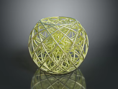 Yellow Woven Sphere Made Of Thin Strips On Black Background With Reflection 3d model