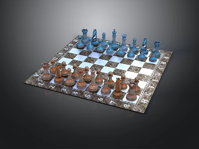 Ornate Chessboard With Blue And Brown Chess Pieces On Checkerboard Pattern 3d model