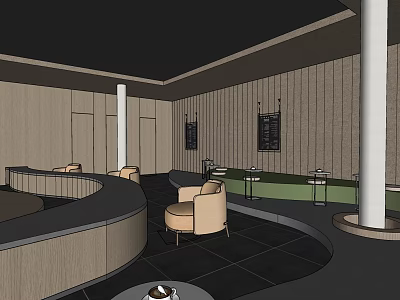 Elegant Modern Café Interior With Curved Bar Wooden Panel Walls And Comfortable Armchairs 3d model