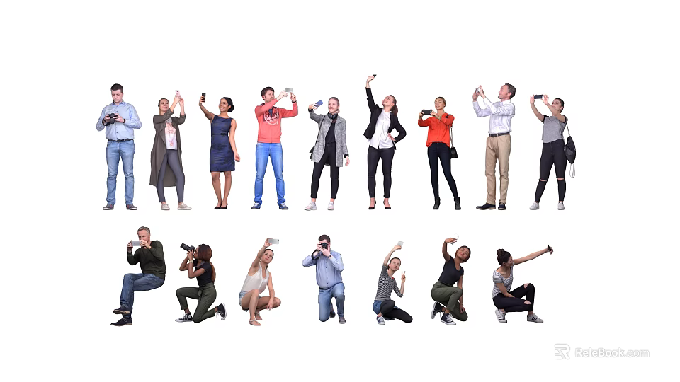 Group of Diverse People Standing Crouching and Taking Photos in Various Poses 3d model 