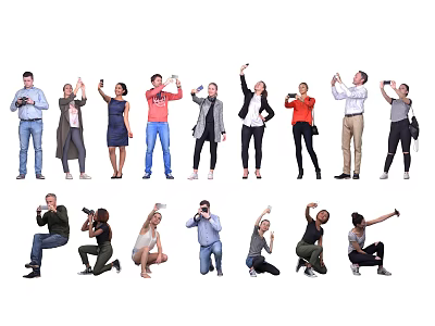 Group of Diverse People Standing Crouching and Taking Photos in Various Poses 3d model