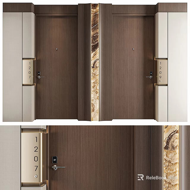 Modern Dark Brown Swing Doors With Marble Accents And Door Numbers 3d model 