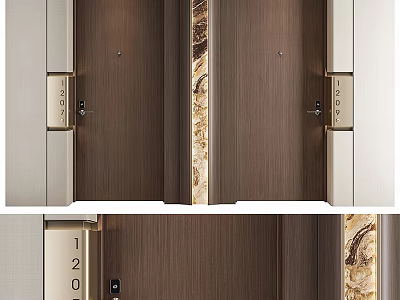 Modern Dark Brown Swing Doors With Marble Accents And Door Numbers 3d model