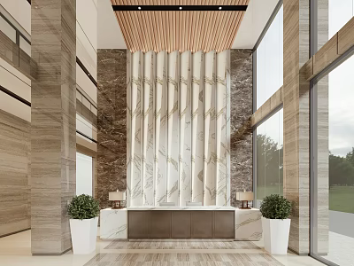 Modern Reception Area Design With Marble Wall Wooden Ceiling And Plants 3d model