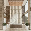 Modern Reception Area Design With Marble Wall Wooden Ceiling And Plants
